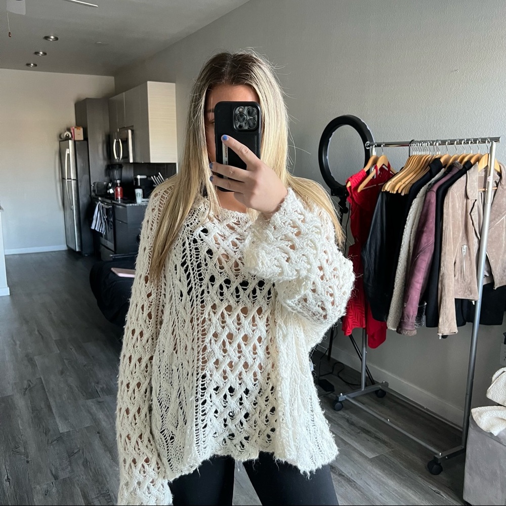 Free People open knit cream boho sweater size medium